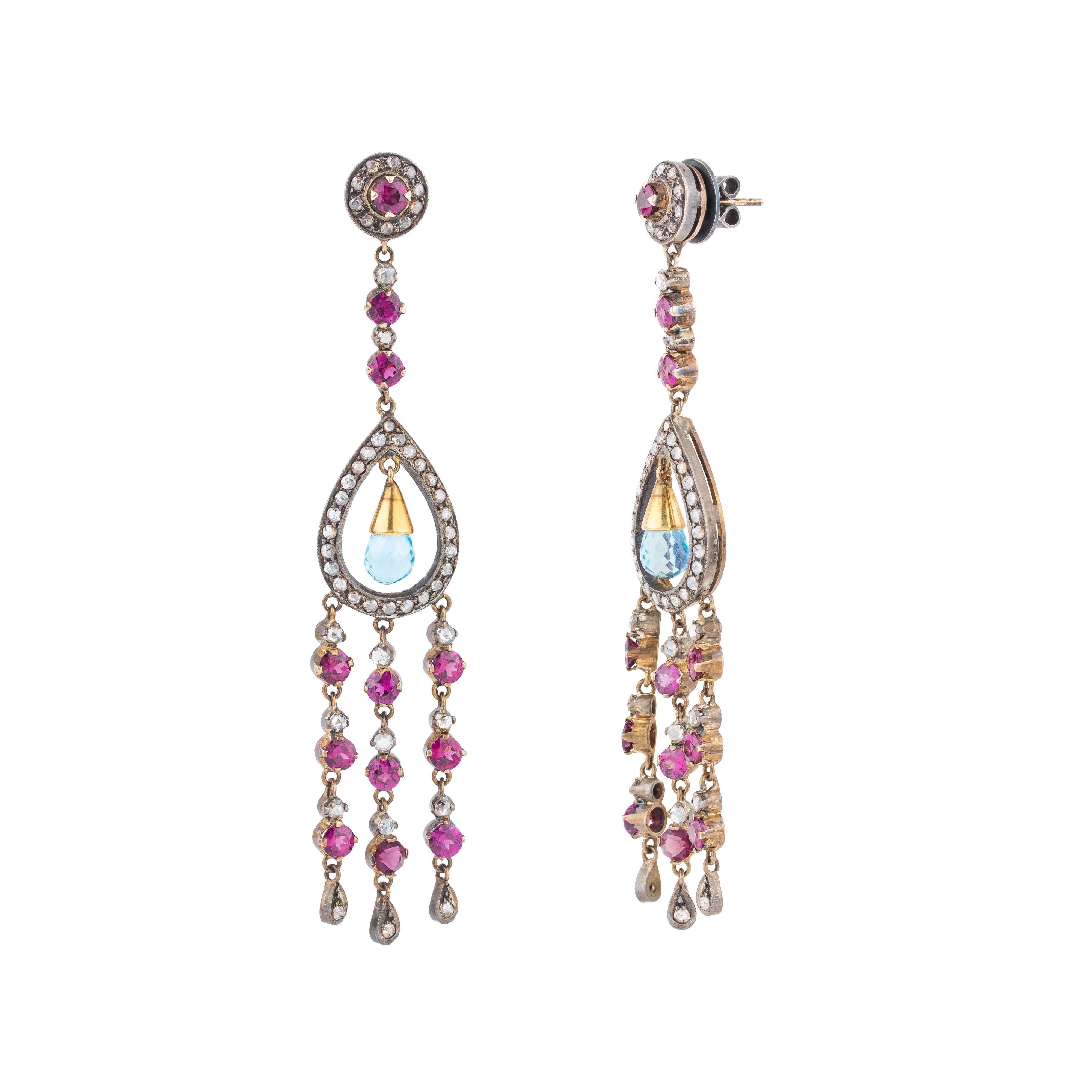 Brilliant Cut 43.15 Carat Diamond and Color Stone Dangle Earrings For Sale