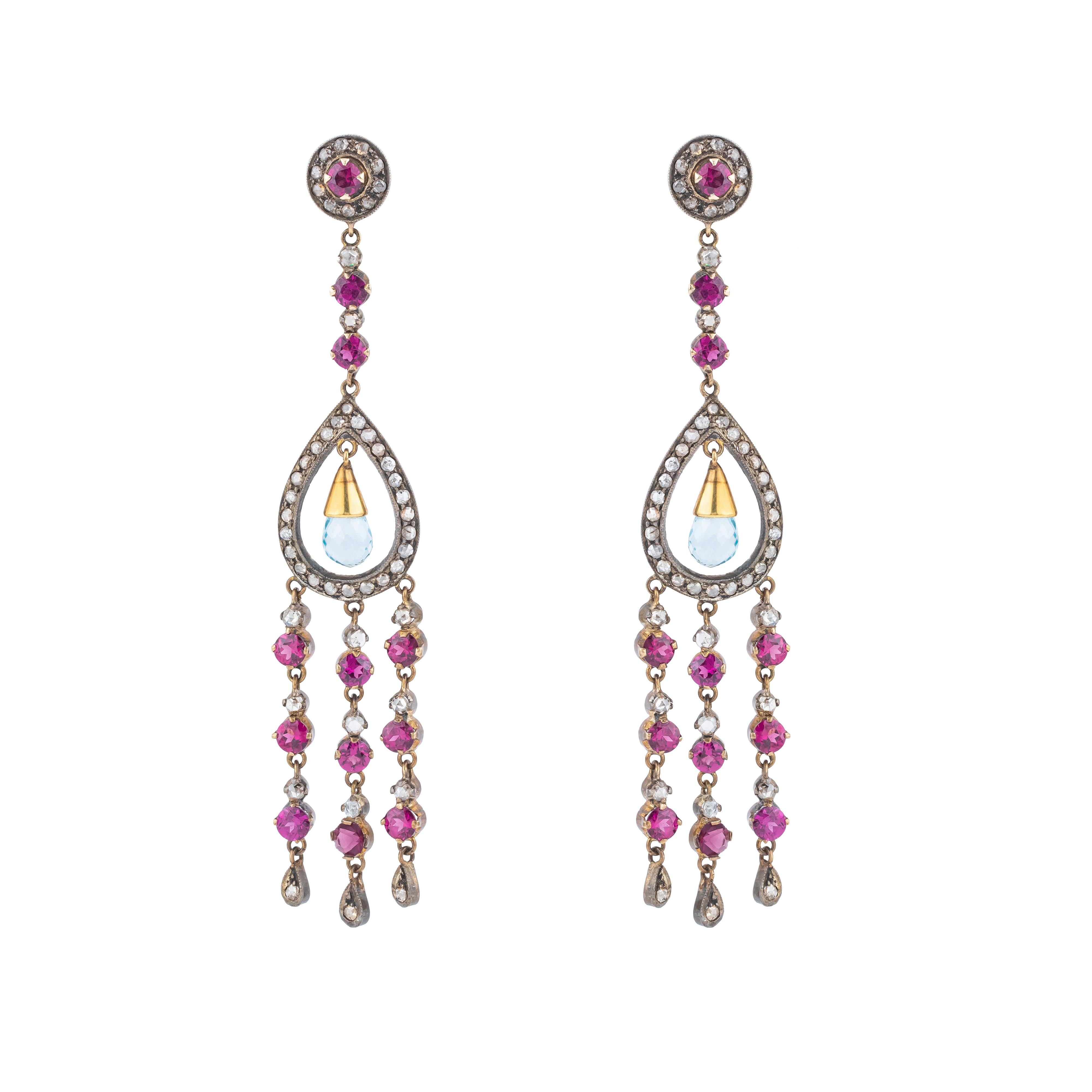 43.15 Carat Diamond and Color Stone Dangle Earrings In New Condition For Sale In Jaipur, IN