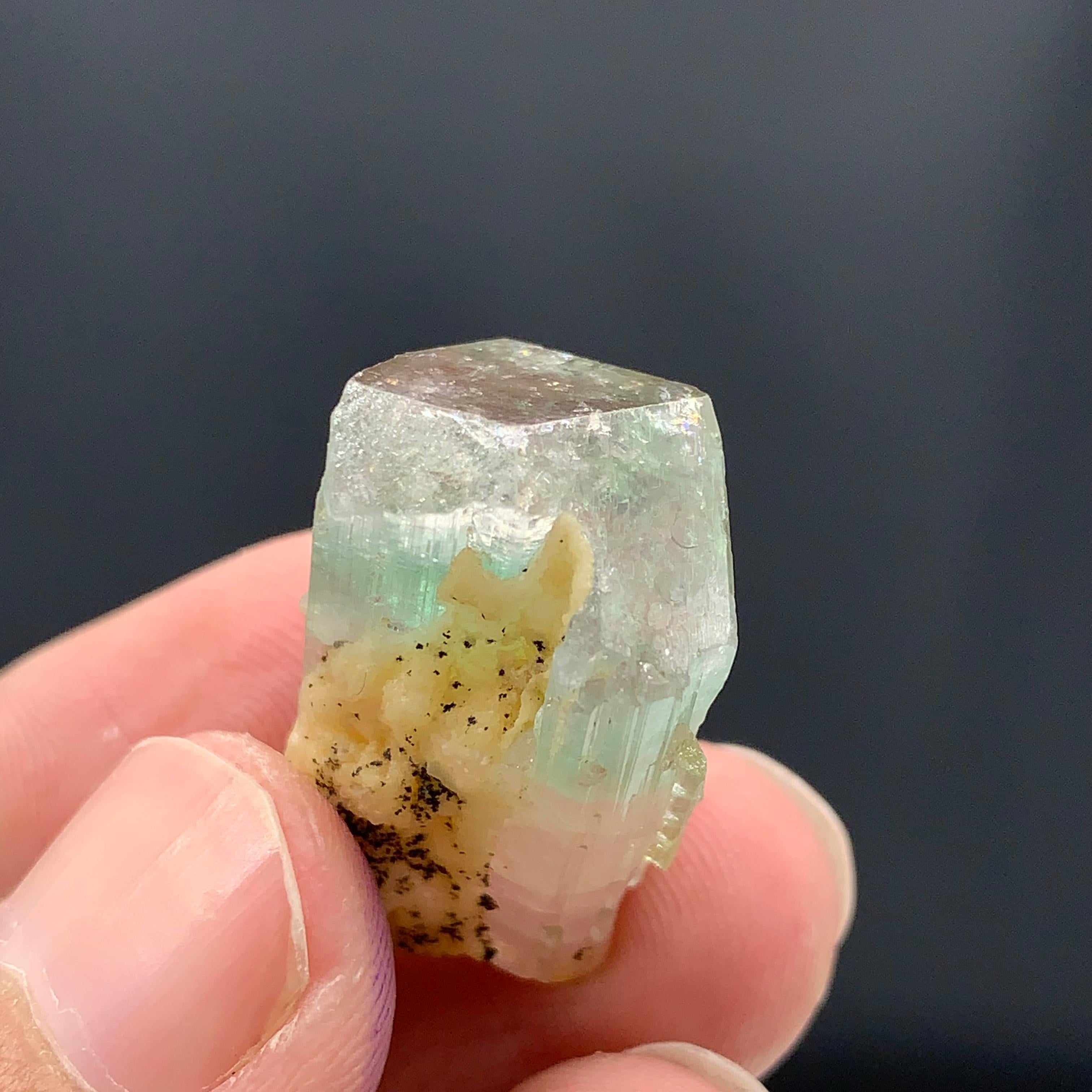 Glamorous Bi Color Tourmaline Specimen From Afghanistan 
Weight: 43.15 Carat
Dim: 2.5 x 1.5 x 1.7 Cm
Color : Peach and Mint Green 
Origin : Afghanistan 

Tourmaline is a crystalline silicate mineral group in which boron is compounded with elements