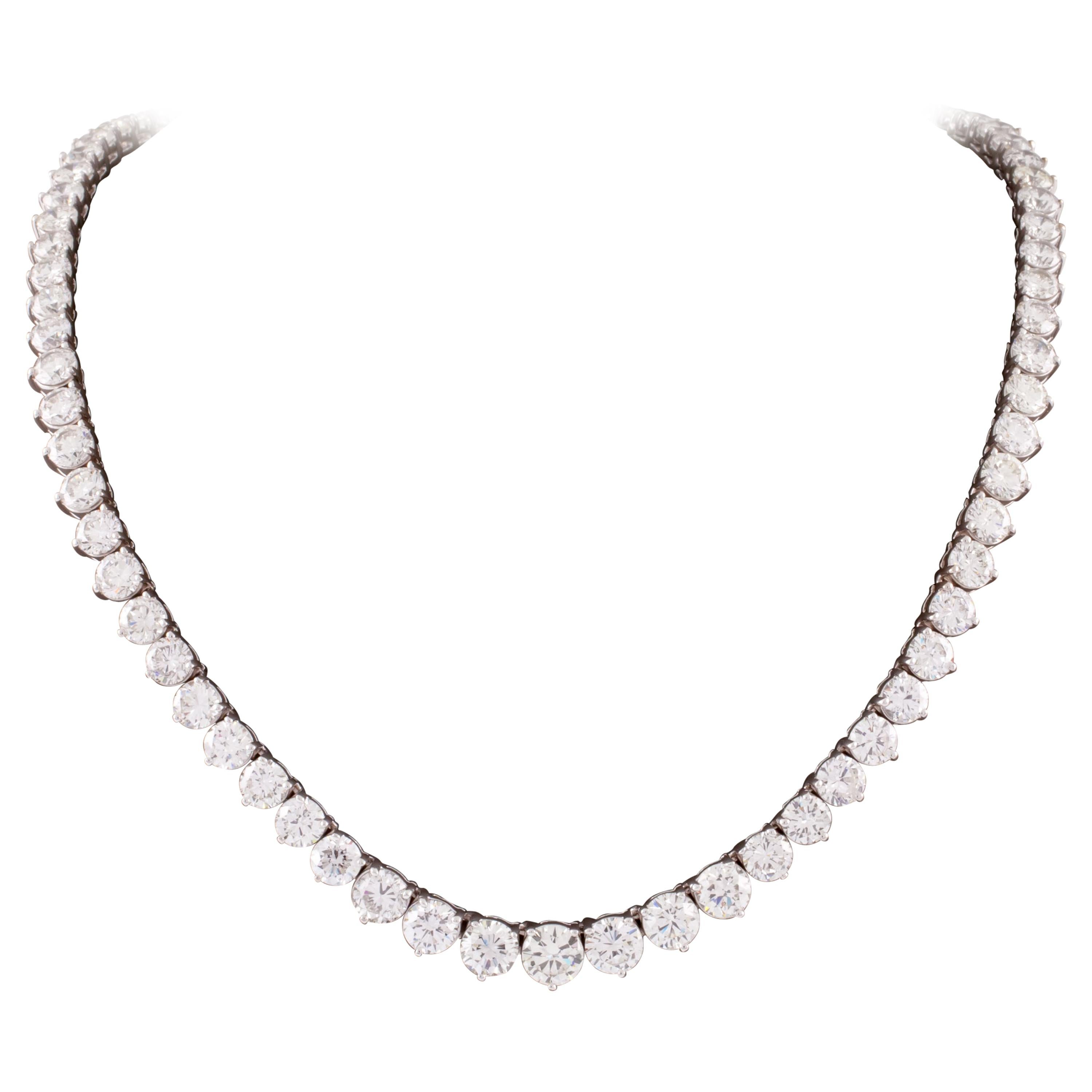 43.19 Carat Round Diamond Graduated Tennis Necklace in White Gold For Sale