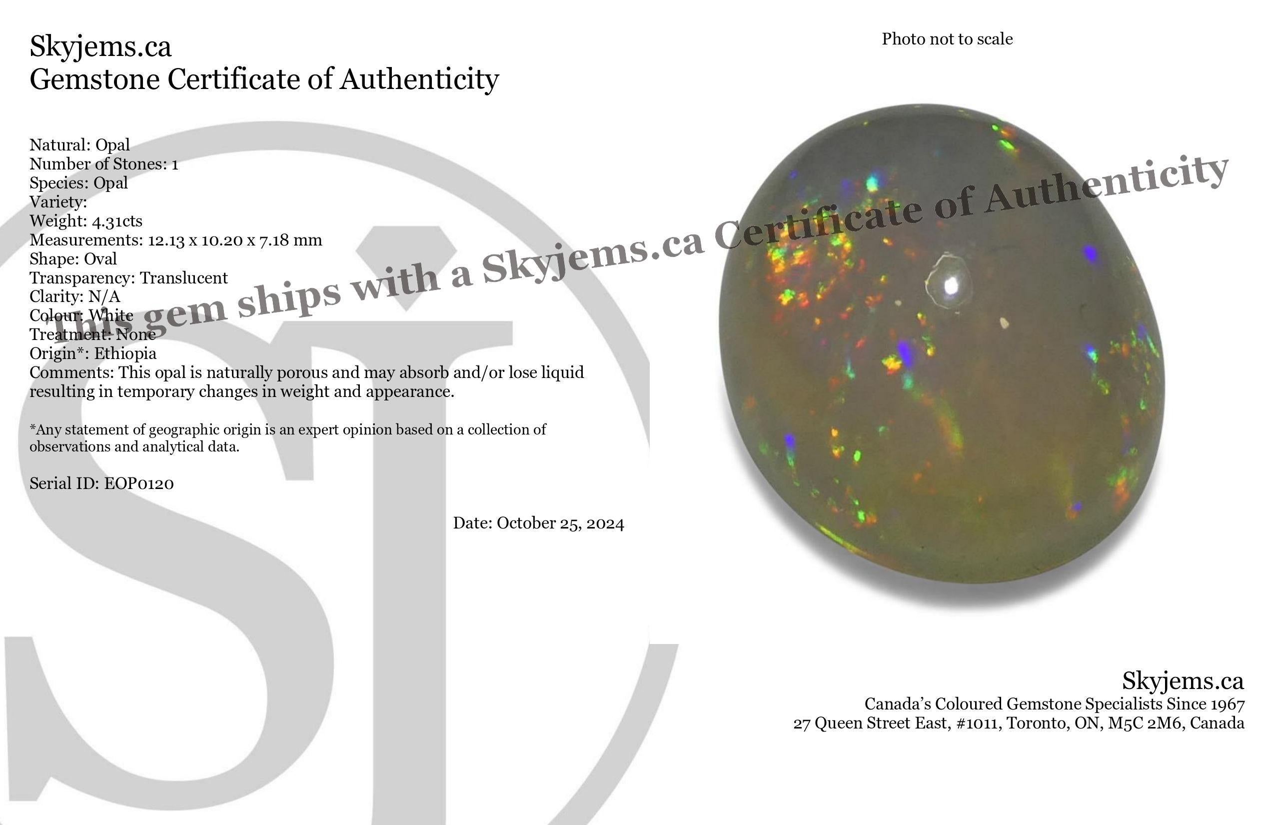 Description:

Gem Type: Opal 
Number of Stones: 1
Weight: 4.31 cts
Measurements: 12.13 x 10.20 x 7.18 mm mm
Shape: Oval
Cutting Style: Cabochon
Cutting Style Crown: 
Cutting Style Pavilion:  
Transparency: Translucent
Clarity: N/A
Colour: White
Hue: