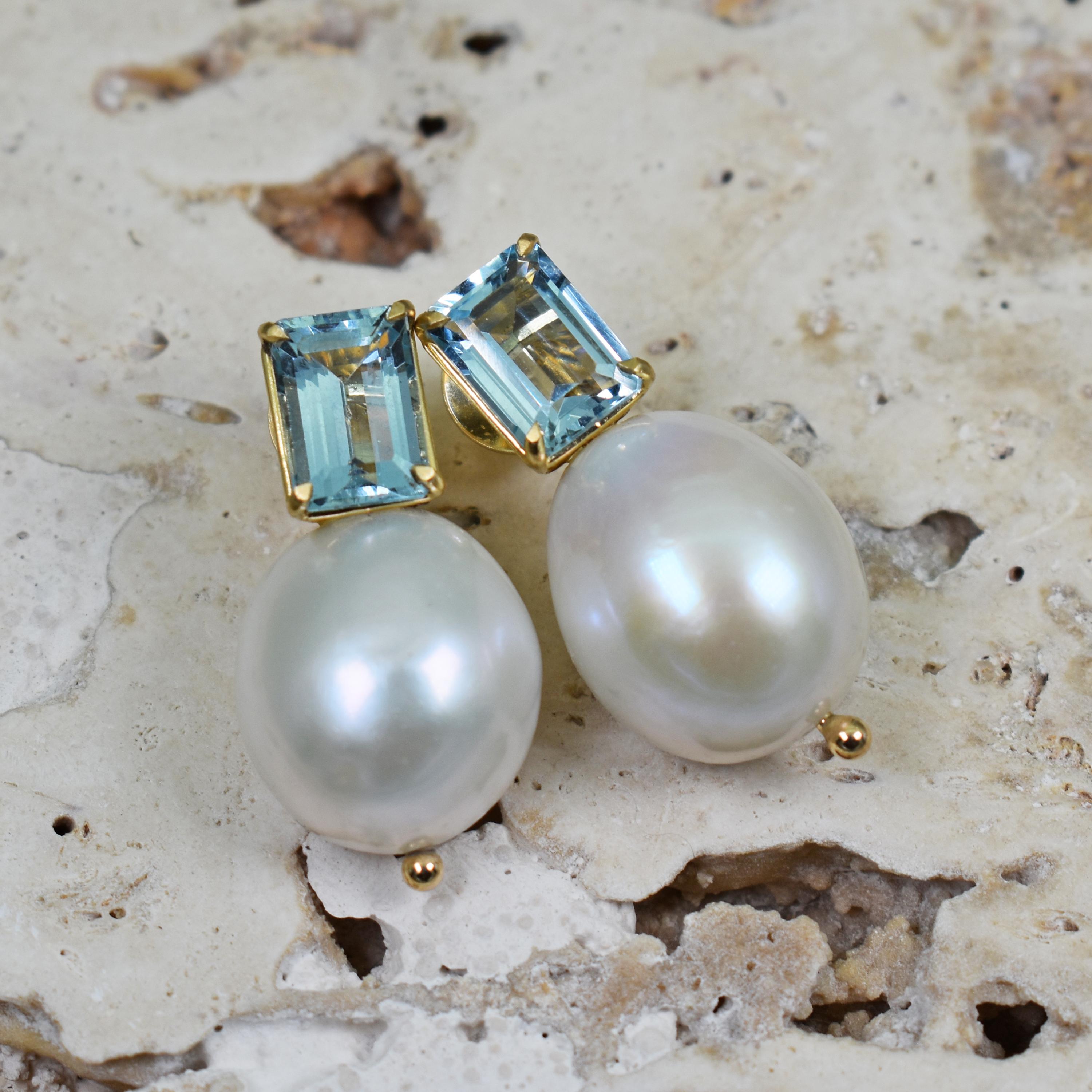 Clous d'oreilles en goutte en or 14 carats avec aigue-marine de 4,32 carats et perles Neuf - En vente à Naples, FL