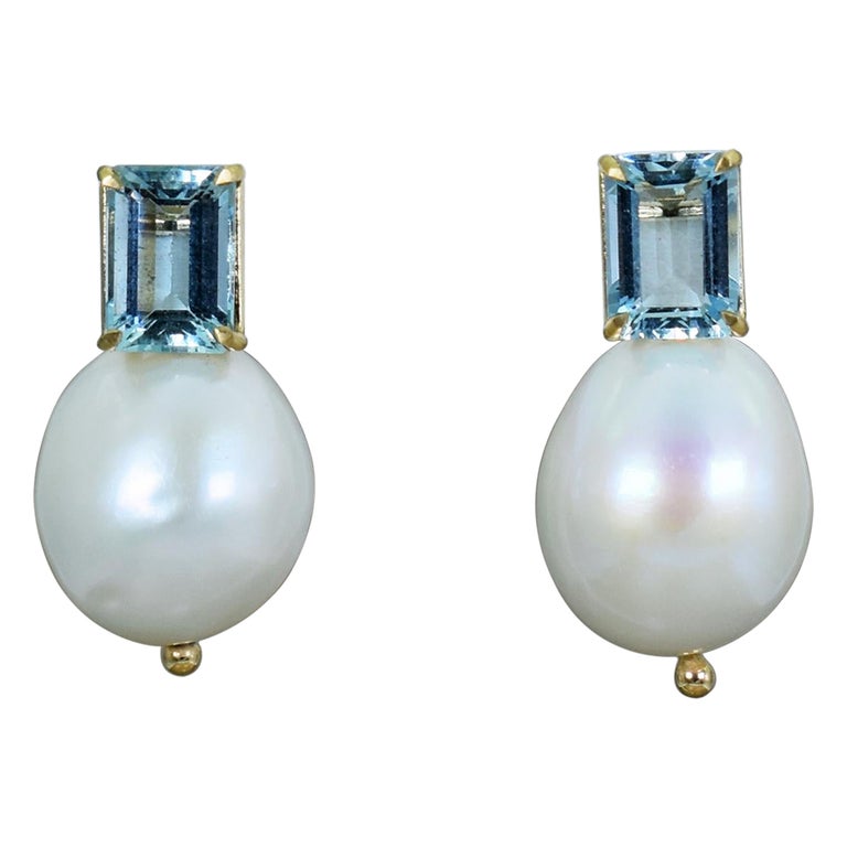 Carat Aquamarine and Pearl 14 Karat Gold Drop Stud Earrings