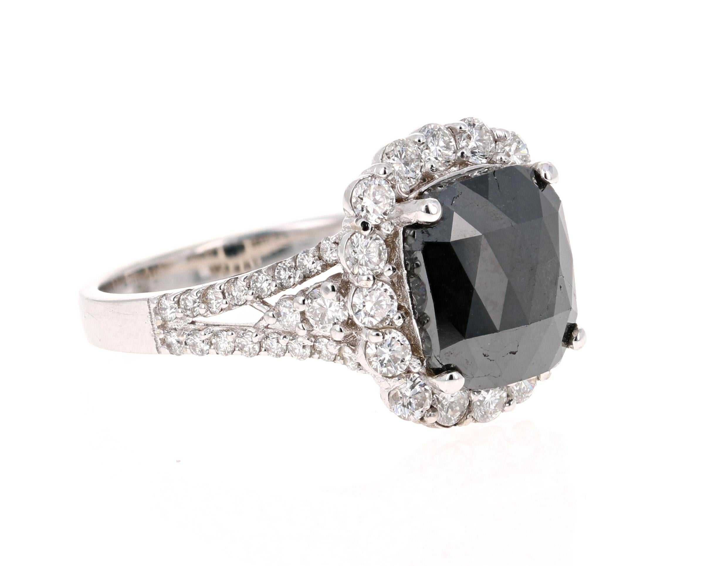Stunning Black and White Diamond Cocktail or Engagement Ring that is a nothing but a Statement! 

The Rectangular Cushion Cut Black Diamond is 3.17 Carats and is surrounded by 52 Round Cut Diamonds weighing 1.15 Carats. (Clarity: SI, Color: F) The