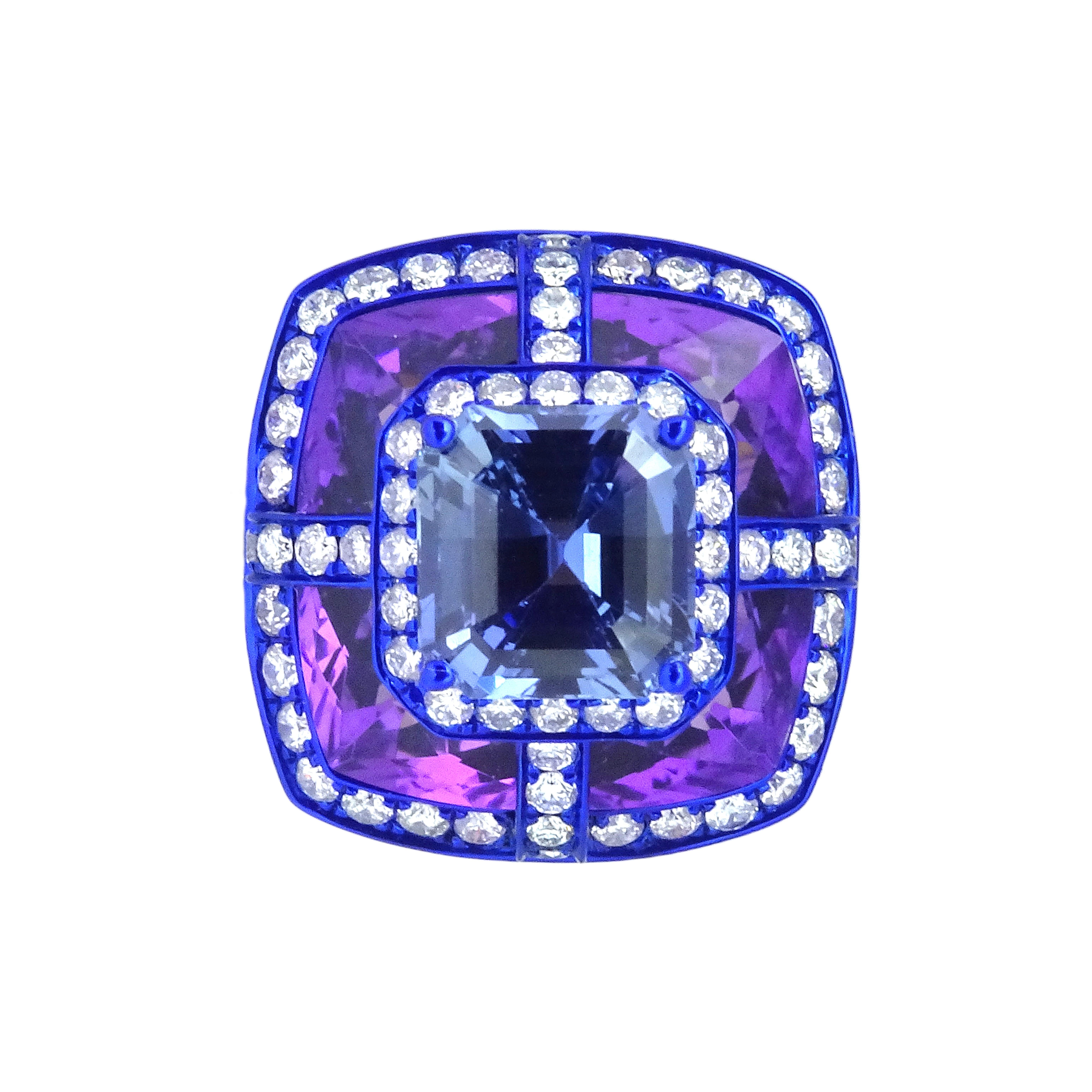 'One gemstone set on top of another gemstone' is one of Austy's signature collection when he started his own brand back in 2017. This unique piece features a 4.32cts Sri-Lankan Blue Sapphire set on top of a very fine quality 17.01cts Amethyst,