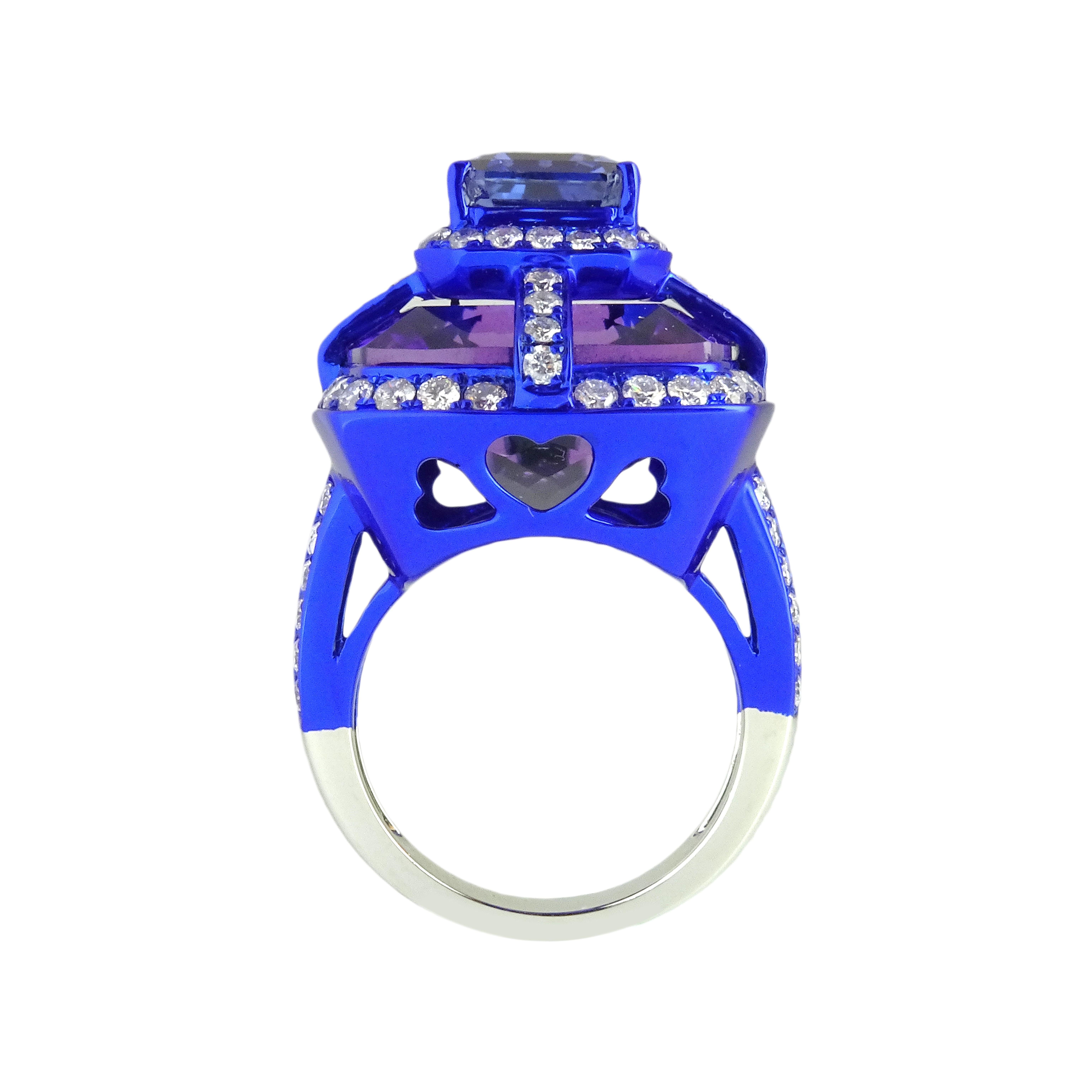 Modern 4.32 Carat Blue Sapphire, Amethyst & Diamond Ring, 18K Gold, Austy Lee