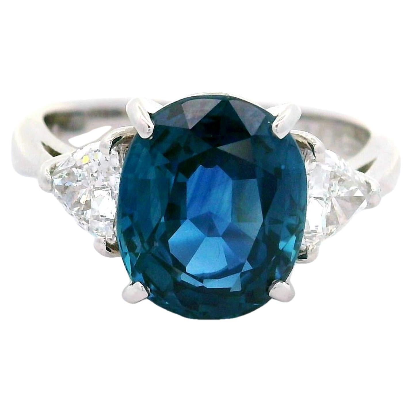 4.32 Carat Blue Sapphire Diamond Three-Stone Platinum Ring
