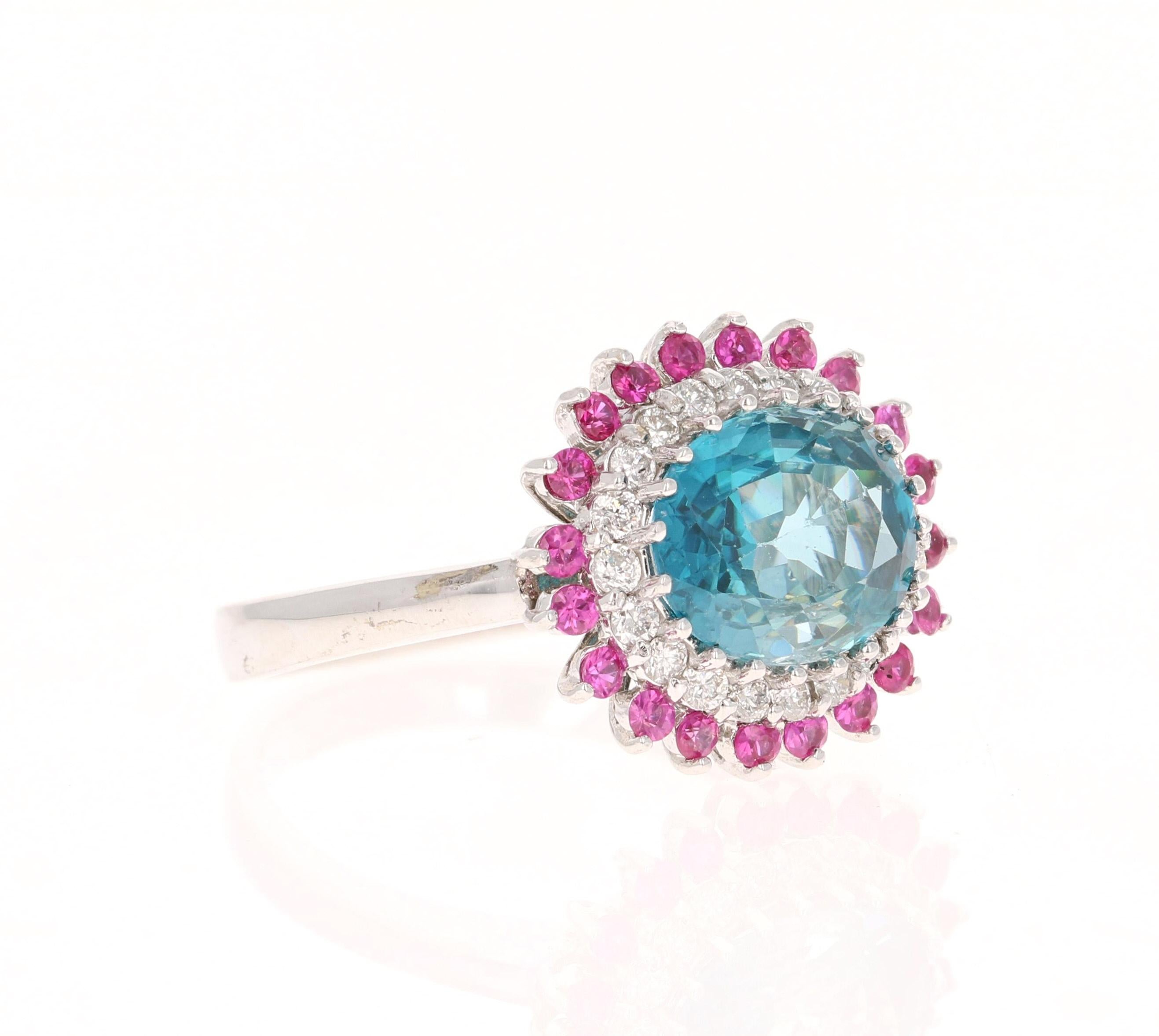 Oval Cut 4.32 Carat Blue Zircon Sapphire Diamond White Gold Ring For Sale