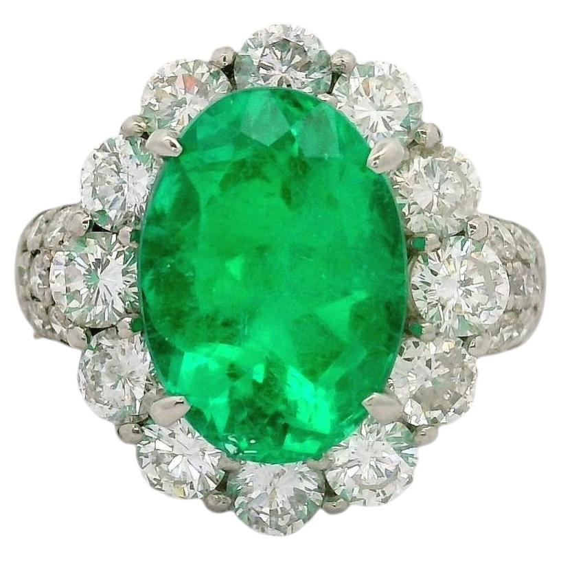 4.32 Carat Colombian Emerald Diamond Platinum Halo Ring, GRS Certified