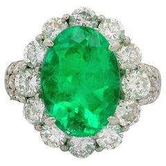 4.32 Carat Colombian Emerald Diamond Platinum Halo Ring, GRS Certified