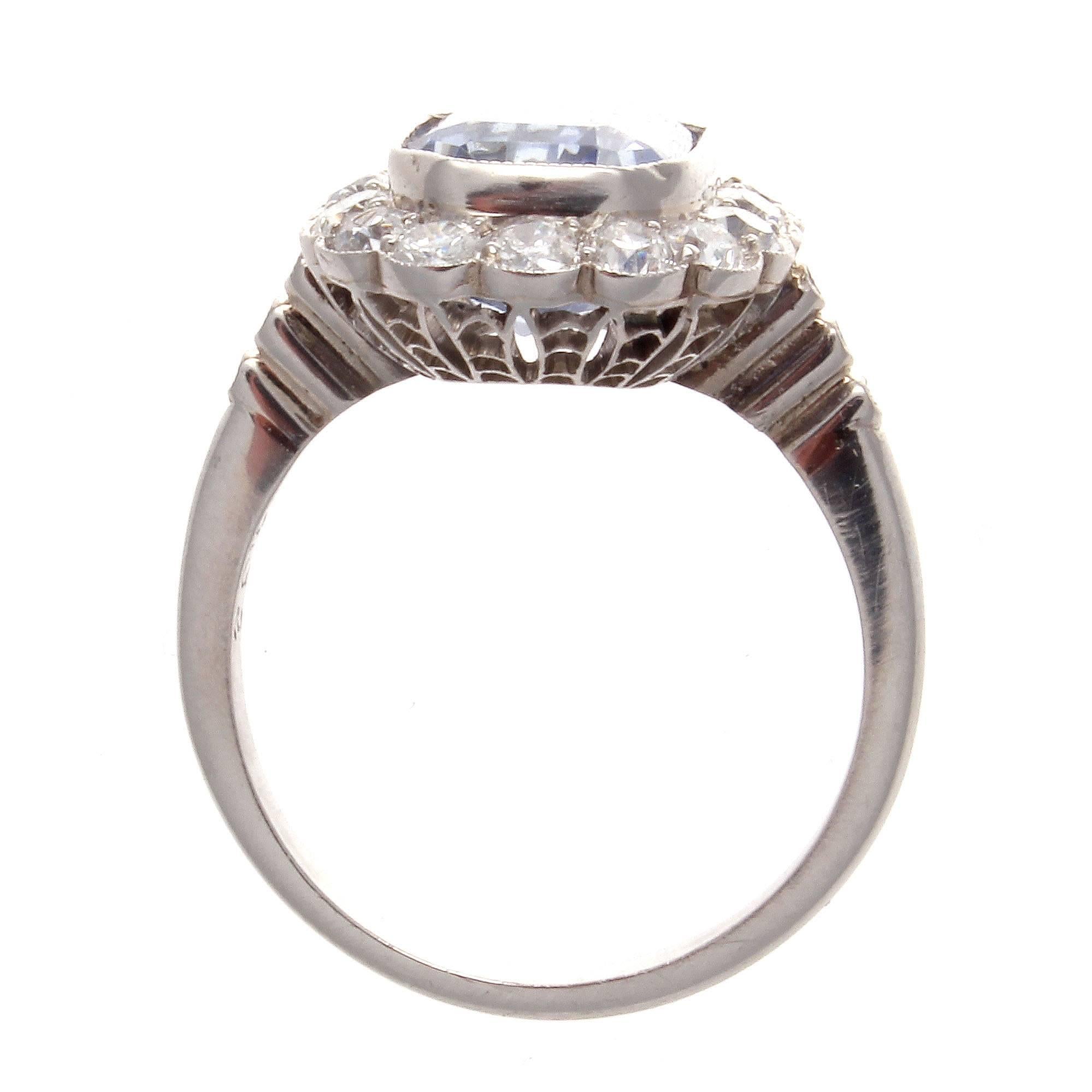 Art Deco 4.32 Carat Cornflower Blue Sapphire Diamond Platinum Ring