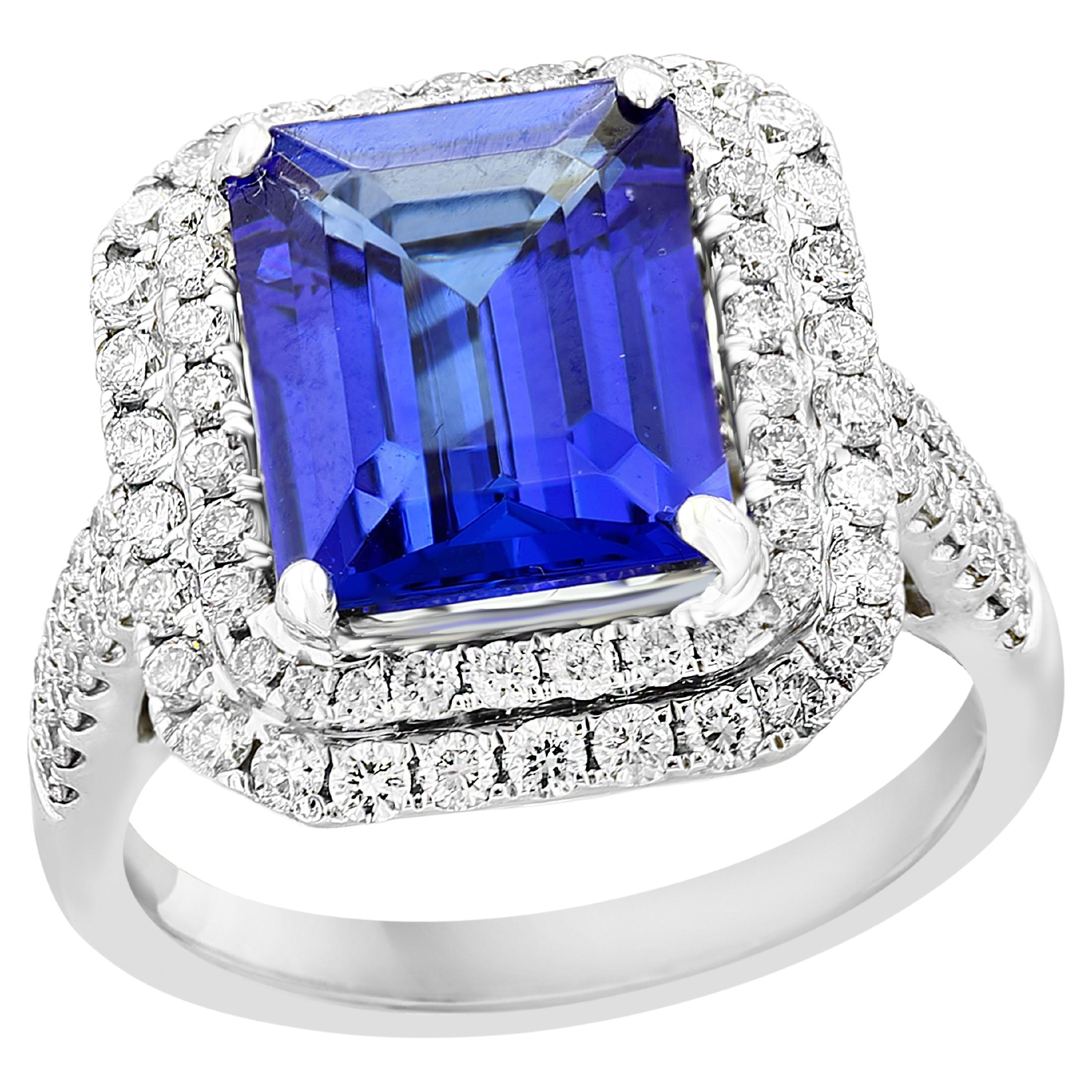 4.32 Carat Emerald Cut Tanzanite Diamond Ring in 18K White Gold For Sale
