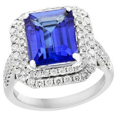 4.32 Carat Emerald Cut Tanzanite Diamond Ring in 18K White Gold