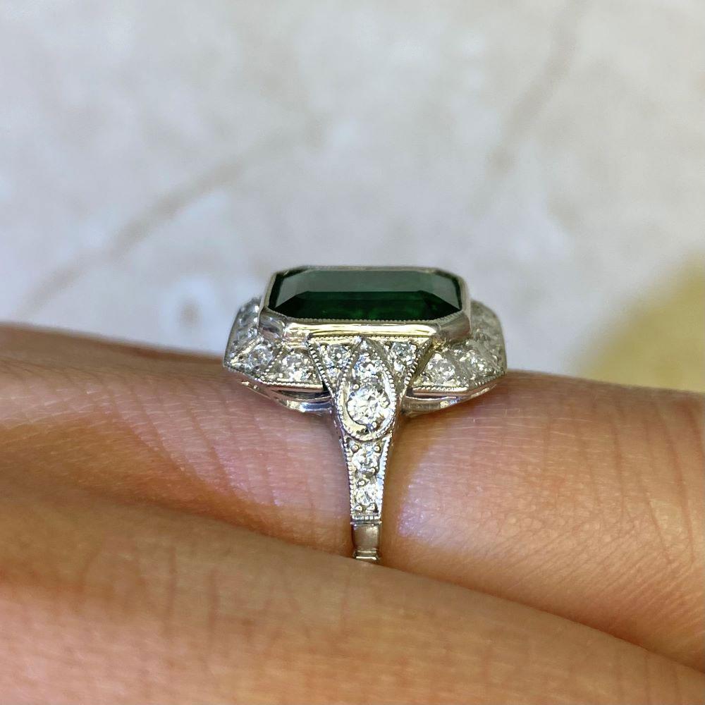 Women's 4.32 Carat Emerald Ring, Diamond Halo, Platinum For Sale