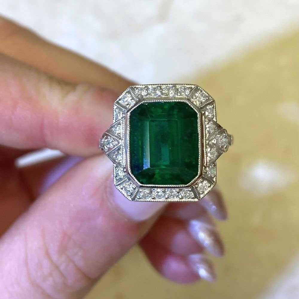 4.32 Carat Emerald Ring, Diamond Halo, Platinum For Sale 2