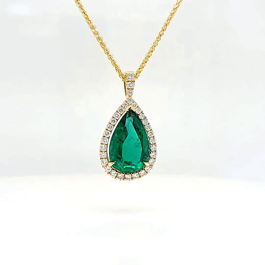 This breathtaking GIA certified Pear Shape Emerald is encircled with 31 natural round cut diamonds mounted on 18K Yellow Gold. 
The necklace is hand crafted with meticulous attention to details and can compliment any outfit. 
Jewel Details: 
4.32
