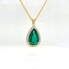 4.32 Carat GIA Halo Pear Shape Emerald Pendant with Diamonds & 18K Yellow Gold