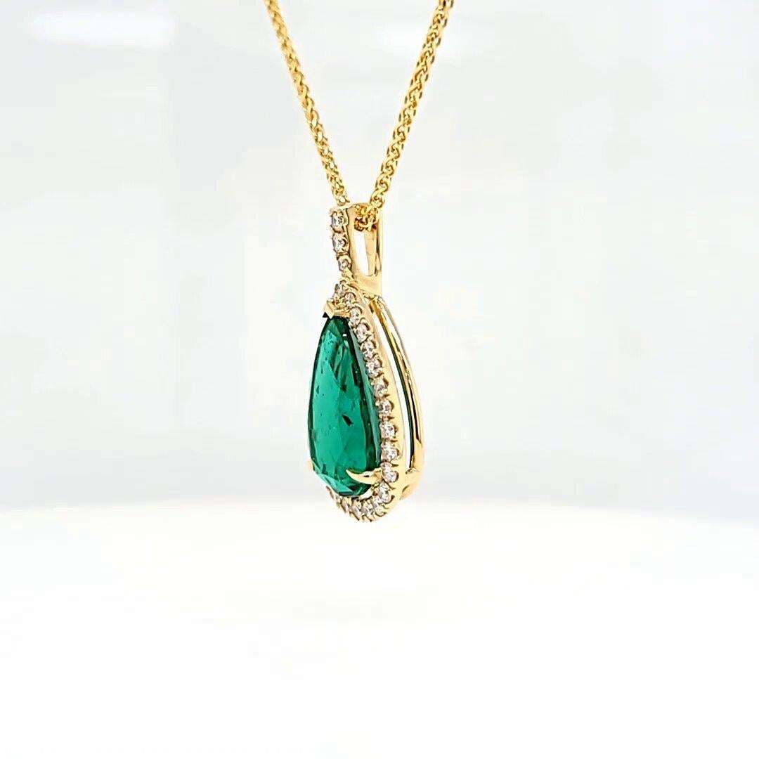 4.32 Carat GIA Halo Pear Shape Emerald Pendant with Diamonds & 18K Yellow Gold  In New Condition For Sale In New York, NY
