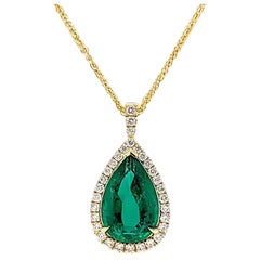 4.32 Carat GIA Halo Pear Shape Emerald Pendant with Diamonds & 18K Yellow Gold