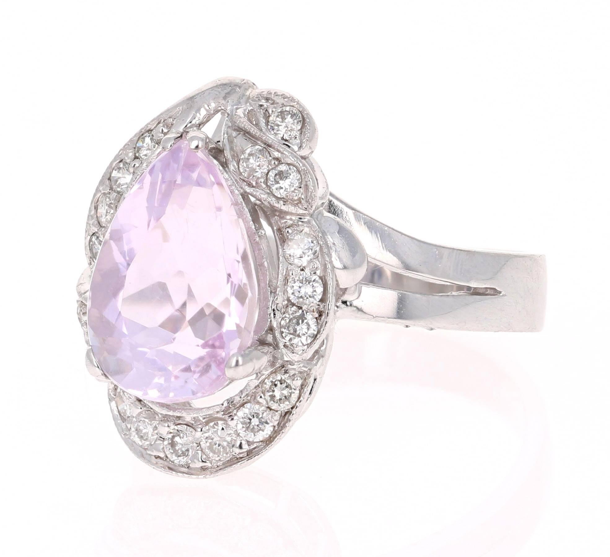 Modern 4.32 Carat Kunzite Diamond 14 Karat White Gold Cocktail Ring For Sale