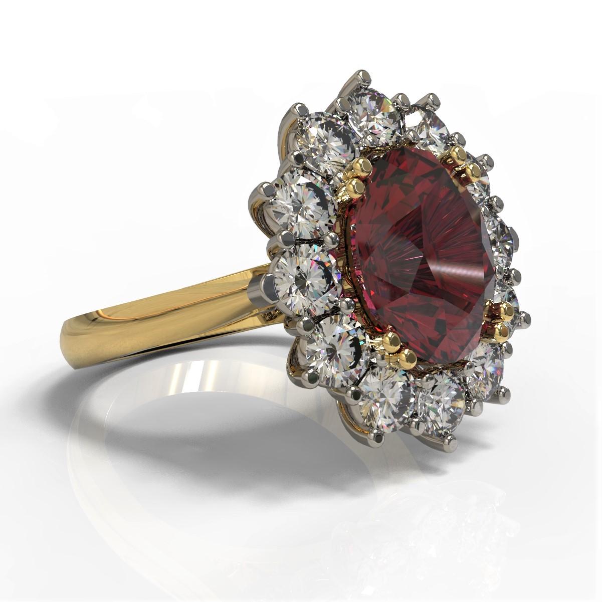 Rosa & Nero Ring

The exquisite platinum and 18 carat yellow gold cluster ring features a stunning oval cut rhodolite garnet and round brilliant cut diamonds. The band and the setting of the Rhodolite made in 18 carat yellow gold and the halo made