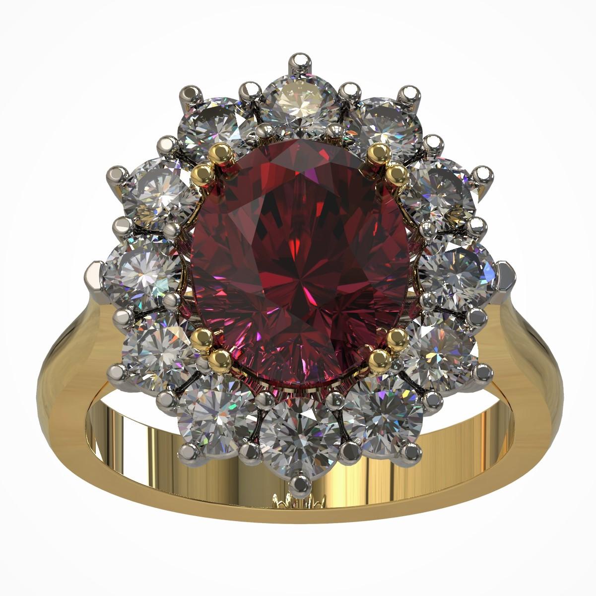Oval Cut 4.32 Carat Oval Rhodolite and Diamonds Cocktail Ring in Platinum & 18 Carat Gold For Sale