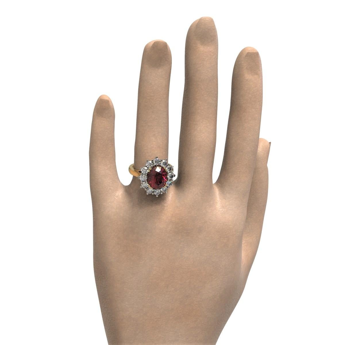 4.32 Carat Oval Rhodolite and Diamonds Cocktail Ring in Platinum & 18 Carat Gold For Sale 3