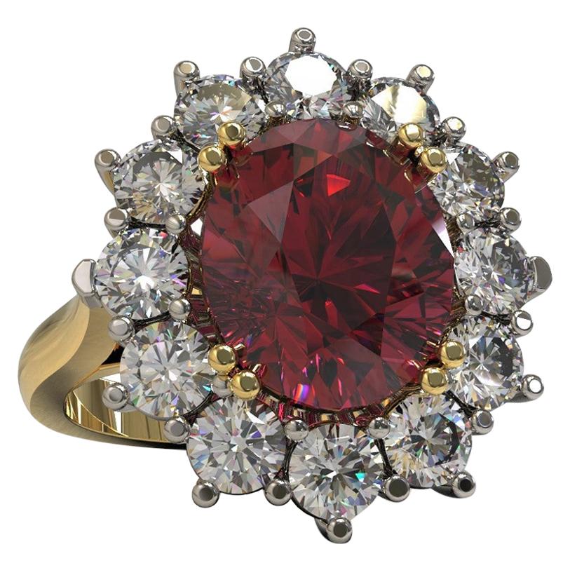 4.32 Carat Oval Rhodolite and Diamonds Cocktail Ring in Platinum & 18 Carat Gold For Sale