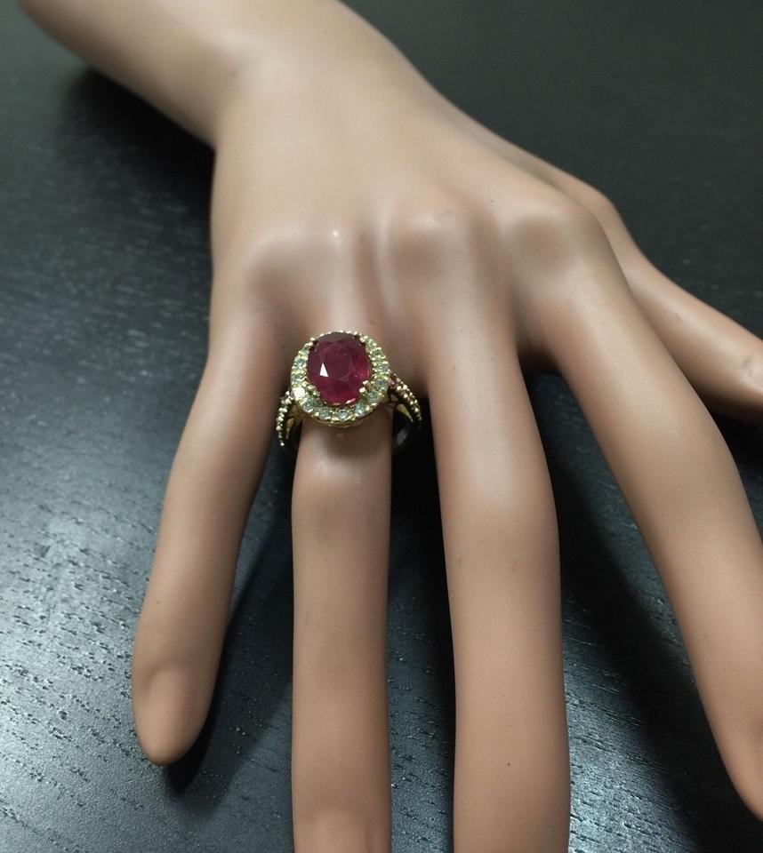 4.32 Carat Gorgeous Natural Red Ruby and Diamond 14 Karat Solid Yellow Gold Ring For Sale 1