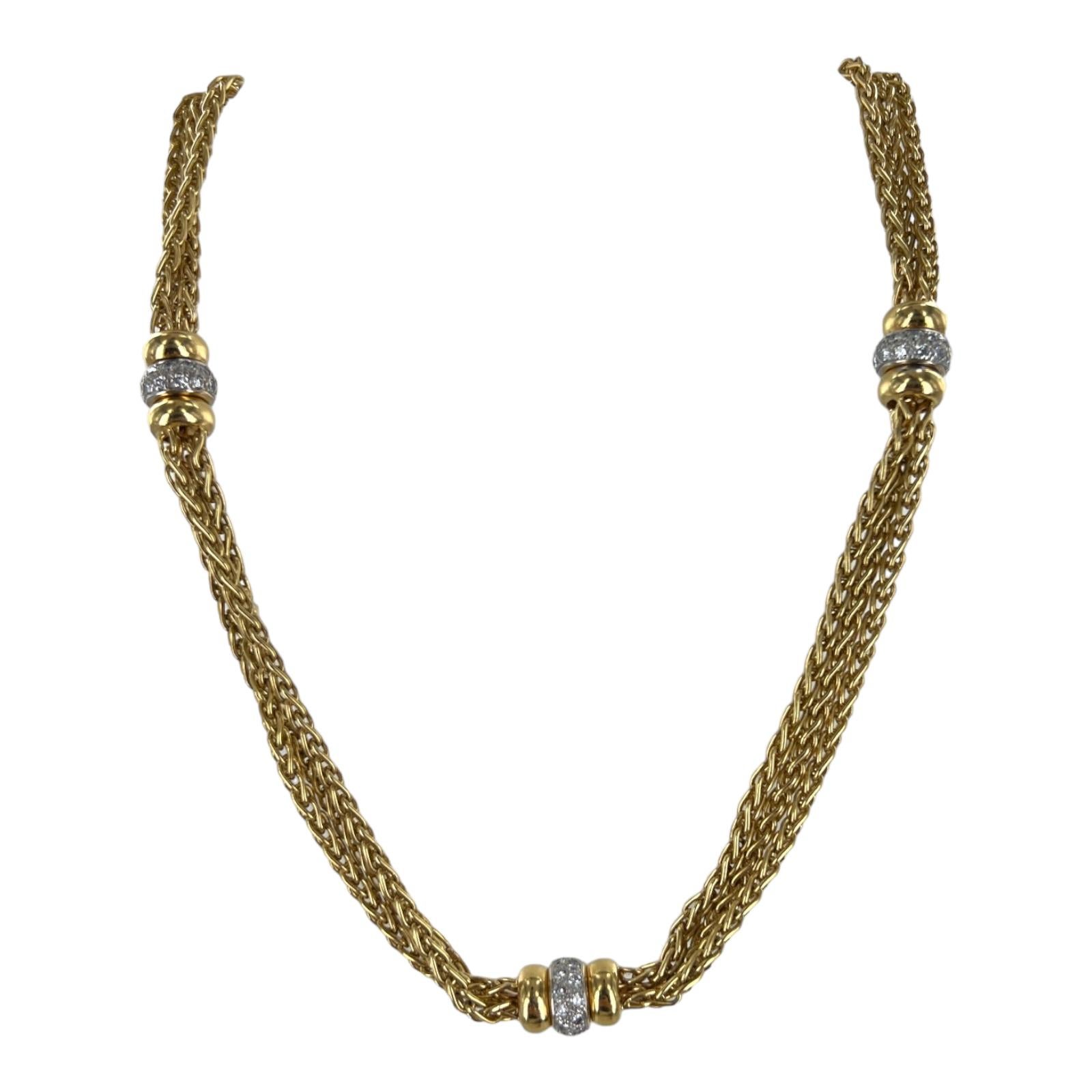 Modern 4.32ctw Diamond 18 Karat Yellow Gold Three Strand Hidden Clasp Link Necklace For Sale