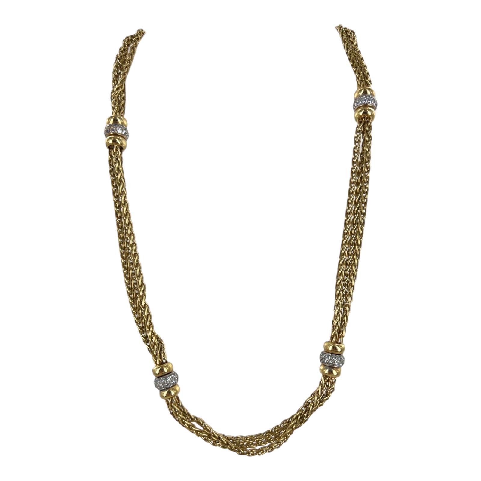 Round Cut 4.32ctw Diamond 18 Karat Yellow Gold Three Strand Hidden Clasp Link Necklace For Sale