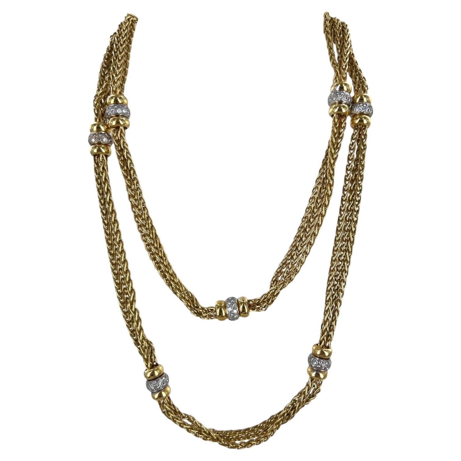 4.32ctw Diamond 18 Karat Yellow Gold Three Strand Hidden Clasp Link Necklace For Sale