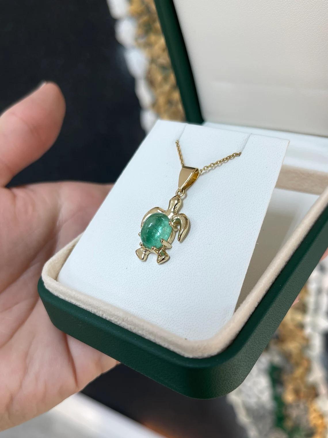 4.32ct 14K Green Oval Cabochon Cut Emerald Custom Gold Sea Turtle Pendant    For Sale 3