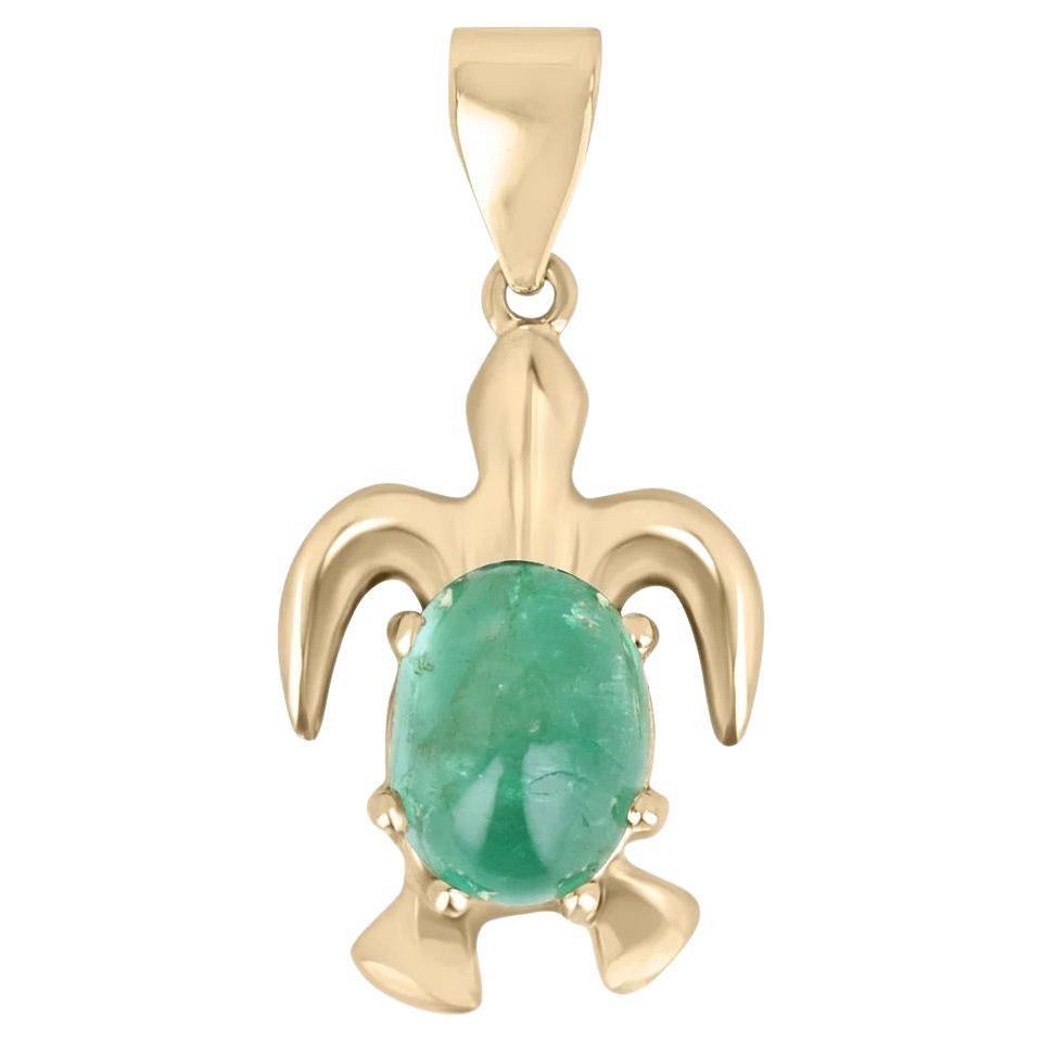 4.32ct 14K Green Oval Cabochon Cut Emerald Custom Gold Sea Turtle Pendant    For Sale
