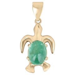4.32ct 14K Green Oval Cabochon Cut Emerald Custom Gold Sea Turtle Pendant   