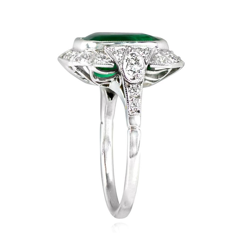 Art Deco 4.32 Carat Emerald Ring, Diamond Halo, Platinum For Sale