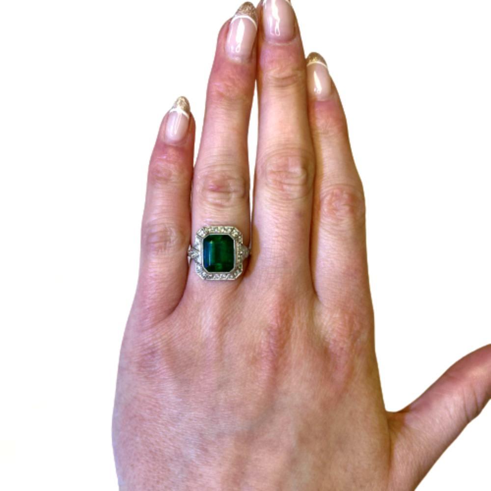 Emerald Cut 4.32 Carat Emerald Ring, Diamond Halo, Platinum For Sale