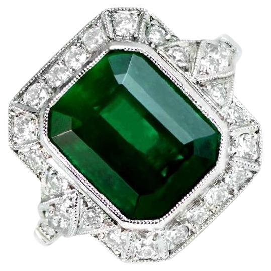 4.32 Carat Emerald Ring, Diamond Halo, Platinum For Sale