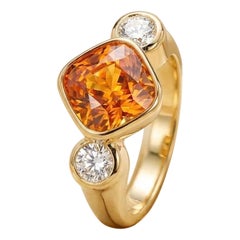 4.32ct Orange-Yellow Sapphire & Diamond Three-Stone Ring 18K Yellow Gold
