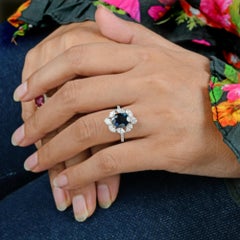 Spectrum 14K White Gold Oval Blue Sapphire and Marquise Diamond Statement Ring