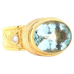 4.33 Carat Aquamarine and Diamond Bezel Set Ring in 18k Yellow Gold