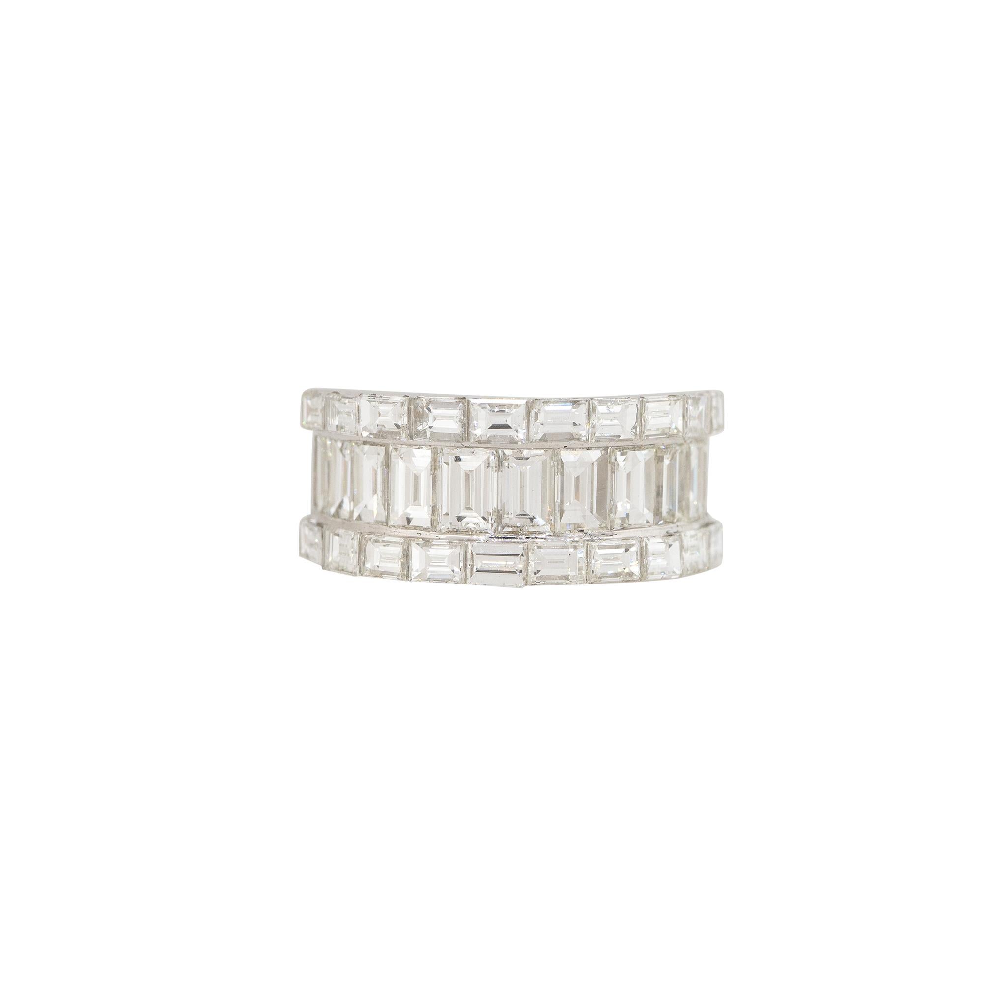18k White Gold 4.33ctw Baguette Cut Diamond 3-Row Wide Ring

Product: Wide 3-Row Diamond Band
Material: 18k White Gold
Diamond Details: There are approximately 4.33 carats of Baguette cut diamonds. Diamonds in the center row are elongated