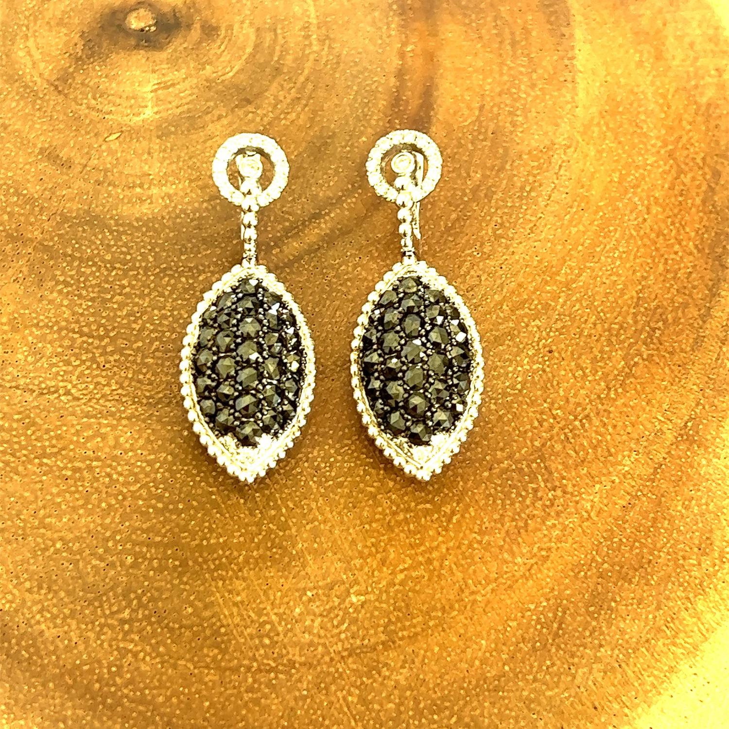 Rose Cut 4.33 Carat Black Diamond White Gold Drop Earrings For Sale