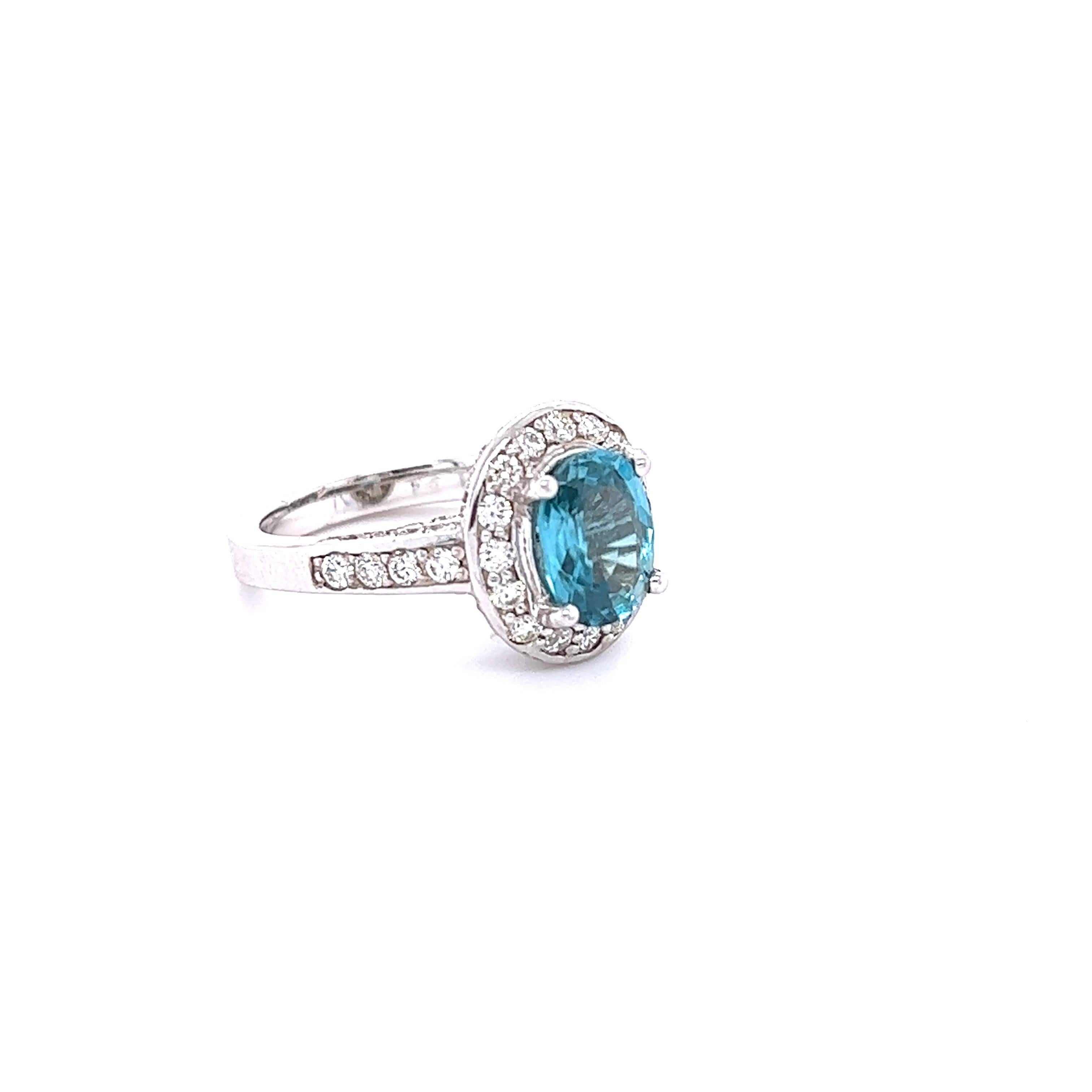 A beautiful Blue Zircon and Diamond ring that can be a nice Engagement ring or just an everyday ring!
Blue Zircon is a natural stone mined mainly in Sri Lanka, Myanmar, and Australia.  
This ring has a Oval Cut Blue Zircon that weighs 2.98 carats