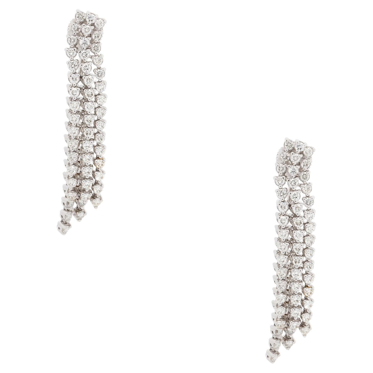 4.33 Carat Diamond Five String Dangle Earrings 14 Karat in Stock For Sale