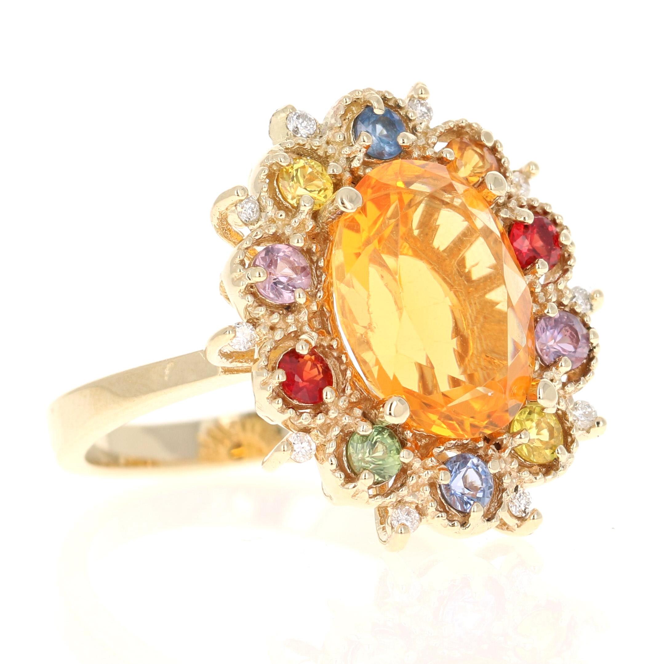 4.33 Carat Fire Opal Sapphire Diamond Yellow Gold Ring

Cette magnifique bague est ornée d'une opale de feu de taille ovale pesant 3,33 carats et mesurant environ 13 mm x 10 mm. La belle teinte orange est très recherchée et se détache bien des