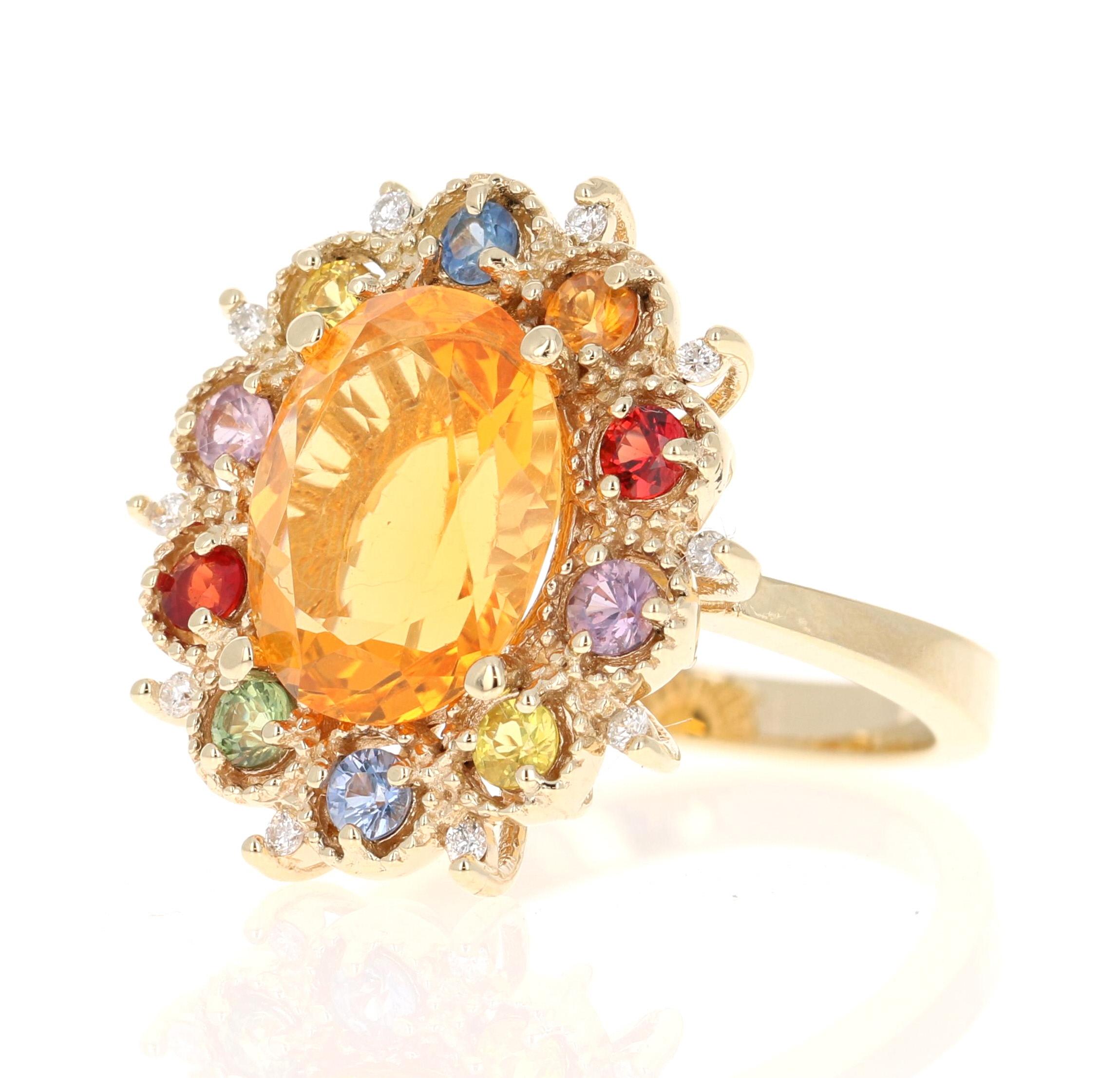 Contemporain 4.33 Carat Fire Opal Sapphire Diamond Yellow Gold Ring en vente