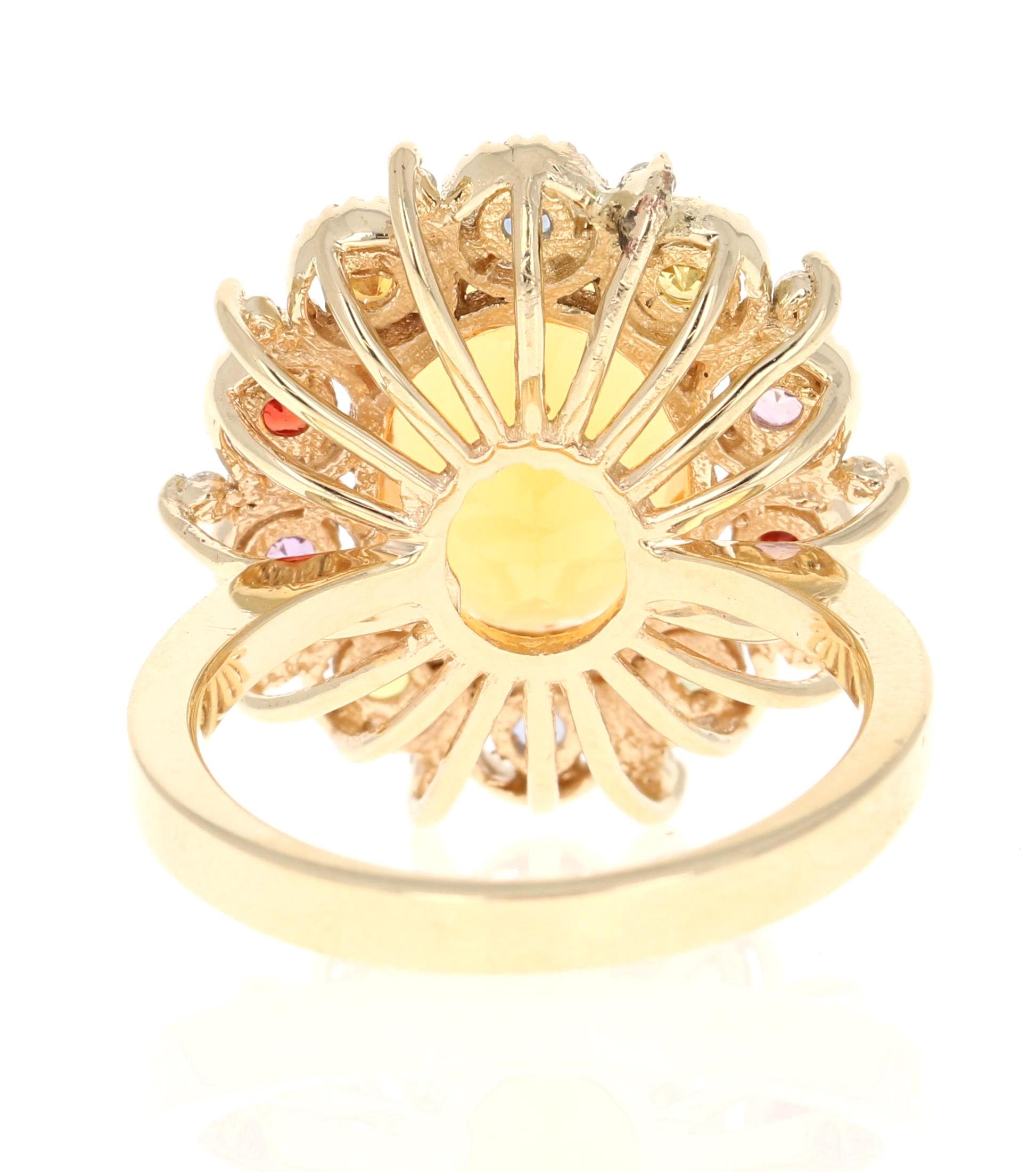 Taille ovale 4.33 Carat Fire Opal Sapphire Diamond Yellow Gold Ring en vente
