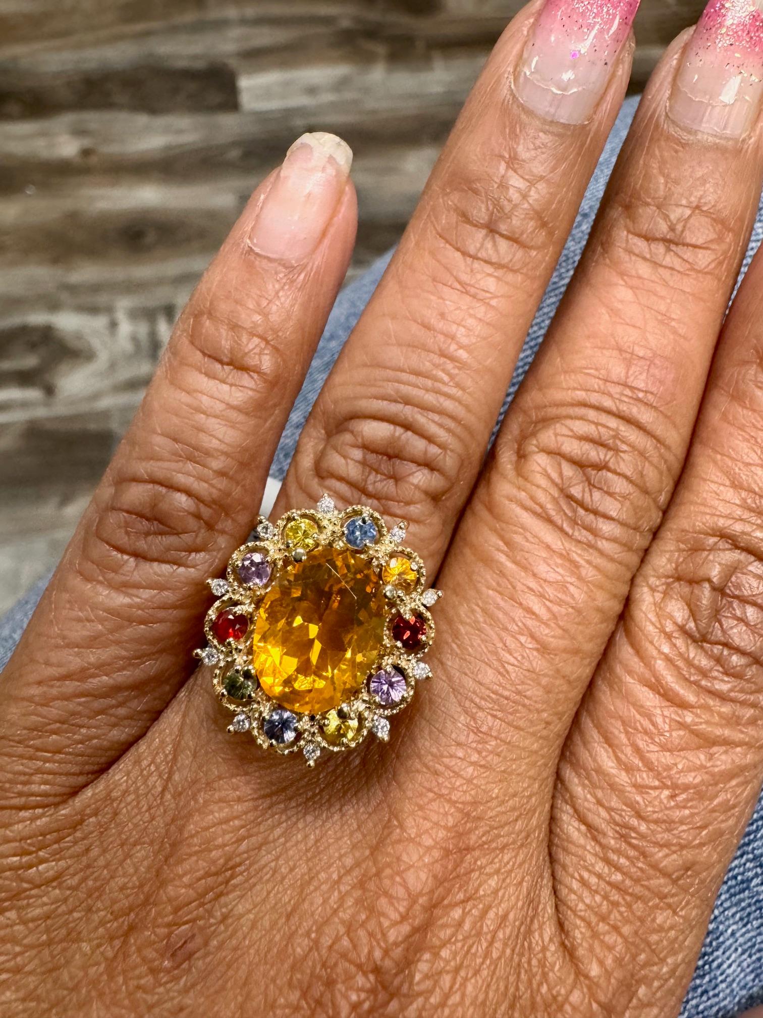 4.33 Carat Fire Opal Sapphire Diamond Yellow Gold Ring en vente 2
