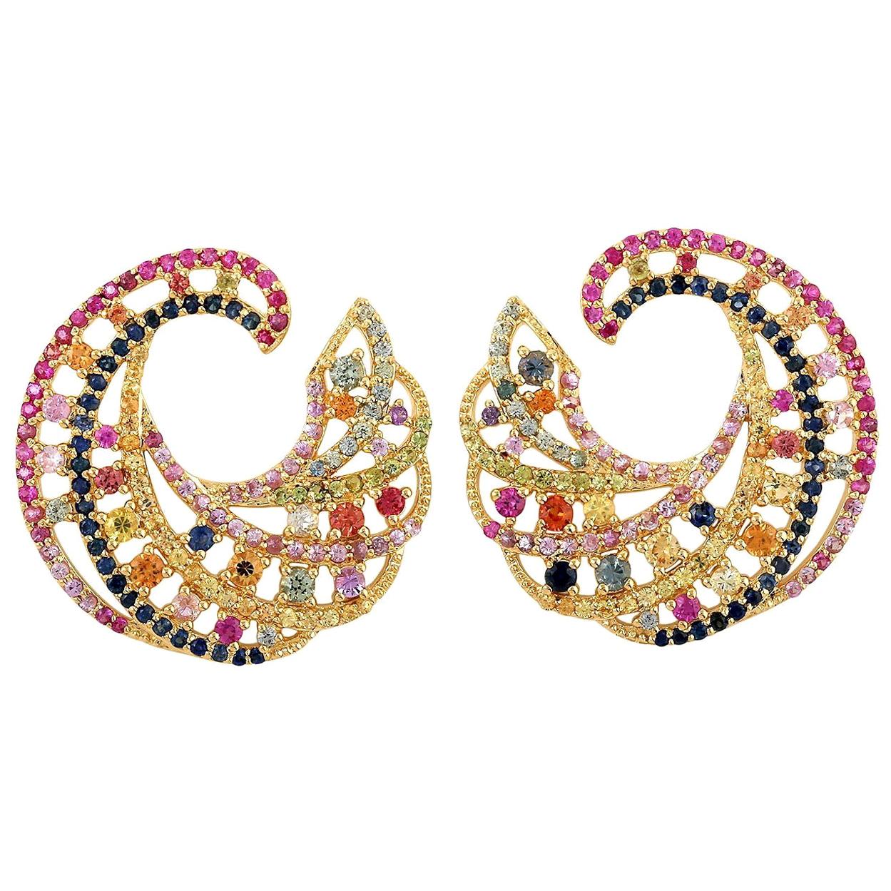 4.33 Carat Multi Sapphire Swirl 18 Karat Yellow Gold Earrings For Sale